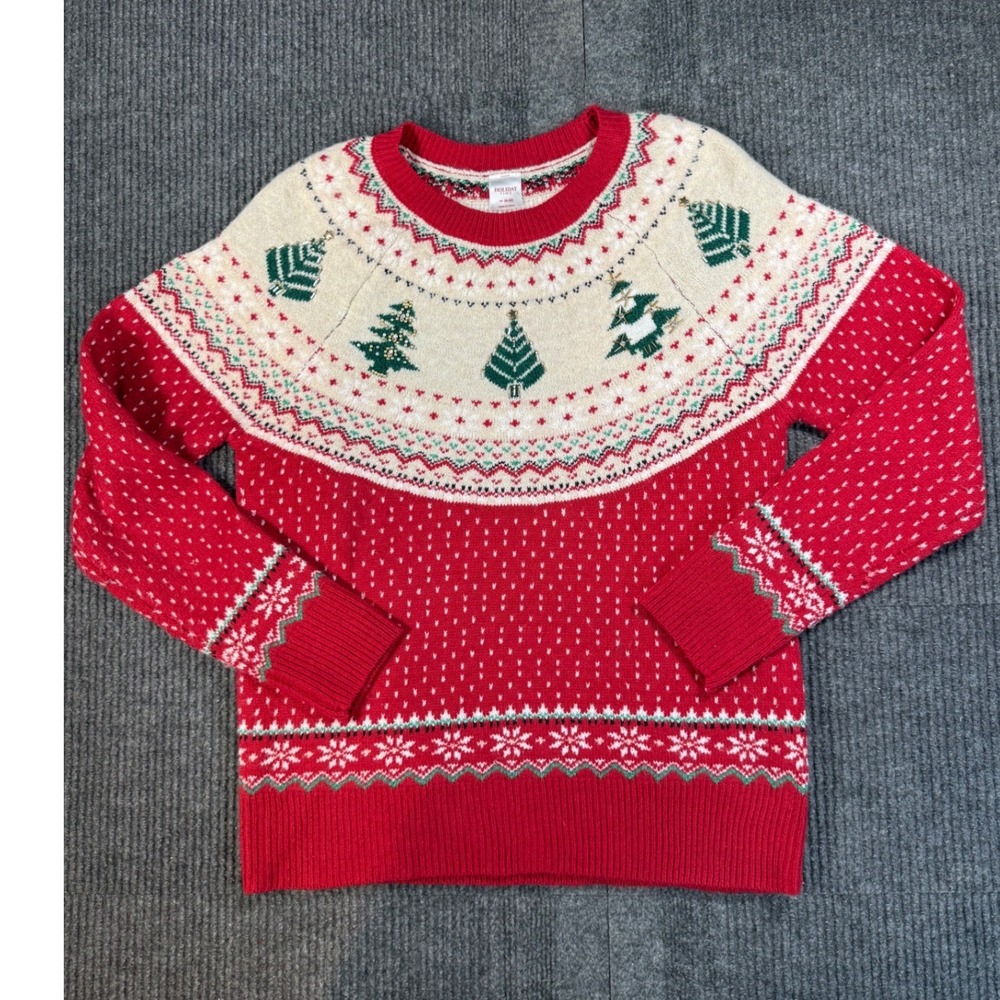 Holiday Time Womens Soft Red Fair Isle Christmas Tree Beaded Sweater Medium 8-10
